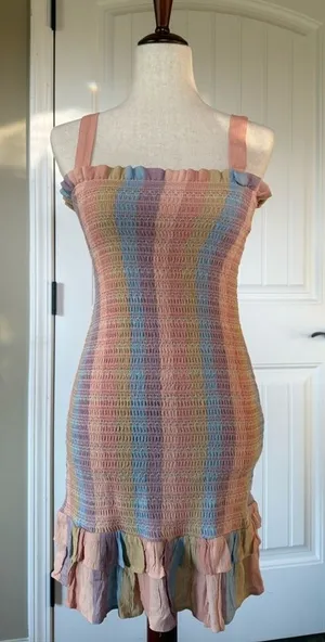 American‎ Eagle Rainbow Smocked Ruffle Mini Dress XS Pink thumbnail 1