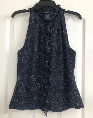 Tahari womens silk lined ruffle neck button front tank top blue Small thumbnail 1