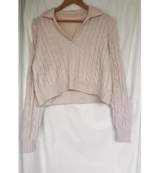 Aritzia Sunday Best Pink Cable Knit Collared Cropped Sweater Prep Merino Wool thumbnail 1