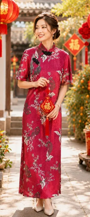 Burgundy Red‎ Crane Floral Pleated Qipao Cheongsam Dress Mandarin Collar L thumbnail 1