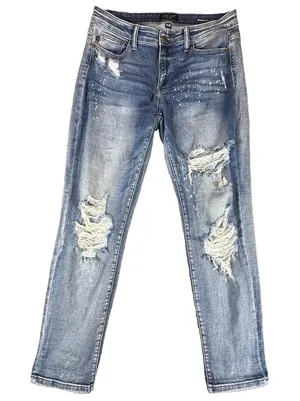 Judy Blue Jeans Womens 11/30 Blue Boyfriend Fit Destroyed Bleach Splatter Denim thumbnail 1
