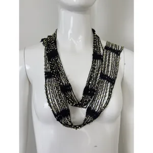 Women’s Black Crocheted Gold Bead Fringe Necklace Scarf Belt 72x2 thumbnail 4