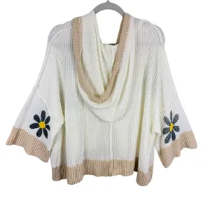 Mello‎ Cream Tan Flower Full Zip Hooded Oversized Super Stretchy Cardigan Size M thumbnail 3
