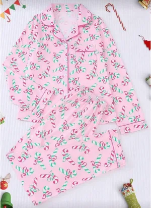 SheIn 2pcs/Set Christmas Candy Cane & Gift Print Pajama Set For Women thumbnail 1