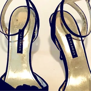 Caparros Black Satin Gold Beaded Rose Ankle Strap Heels 6.5 thumbnail 4