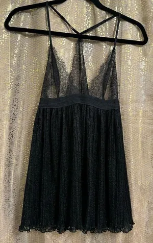 Victorias Secret Black Lace Goth Witchy Pleated Babydoll Nightie Med NWT thumbnail 1