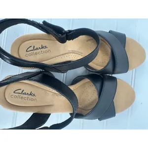 Clarks Collection Tulip Gem Black Leather Wedge Sandals Womens 8.5‎ Career thumbnail 10