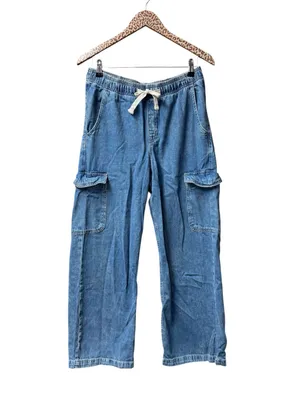 Gap Pull On Wide Leg Cargo Denim Jeans Cotton Tie Waist Medium Wash Blue Medium thumbnail 2