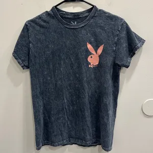 Playboy Acid Wash Graphic T-Shirt Gray Pink Bunny Logo Short Sleeve Small Grunge thumbnail 1