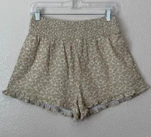NWOT Entro 100% Cotton Tan Floral Smocked High-Waisted Ruffle Shorts, Sz Small thumbnail 1