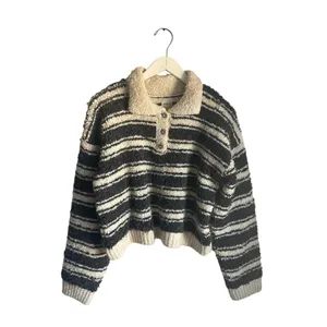 Maeve‎ Anthropologie Striped Polo Sweater Grey Cream Rhinestone Buttons sz L thumbnail 3