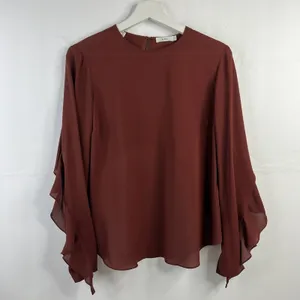 ALC Frank Size 4 Silk Blouse Open Back Ruffle Sleeve Burgundy Elegant Evening Top thumbnail 5
