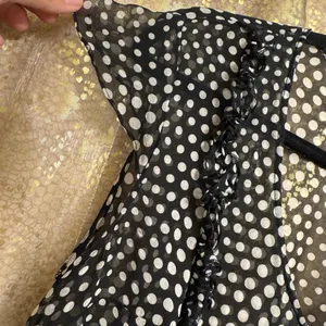 SilkLand Vintage Y2K Black White Polka Dot 100% Silk Ruffle Sheer Top XL thumbnail 4