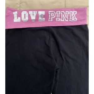 Y2K VS PINK M Foldover Black Flare Leggings Pink Silver Logo Low Rise Vtg thumbnail 7