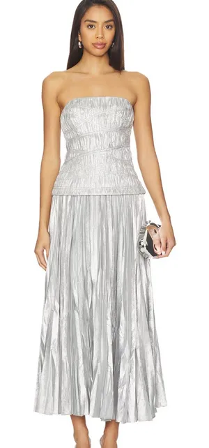 NEW Acler Rockland Midi Dress in Dove Metallic Strapless Metallic Silver Pleated thumbnail 1