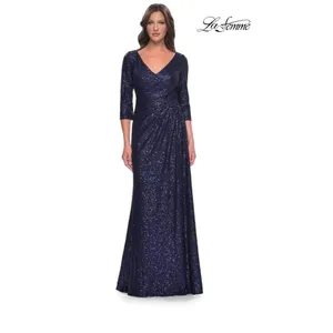 La Femme Navy Sequin Ruched V-Neck Evening Gown Dress Size 14 thumbnail 11
