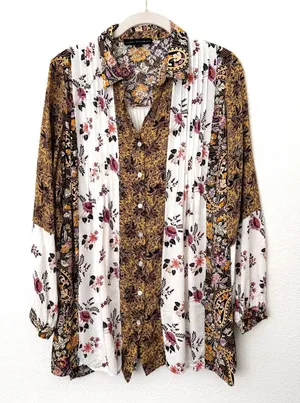 [Jane & Delancey] Mixed Floral Print Button Down Oversized Boho Blouse Sz Large thumbnail 1