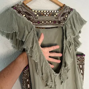 Free People Embroidered Boho Dress Aztec Southwestern Cottage Babydoll Sage Fall thumbnail 4