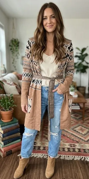 Rachel Zoe Womens Aztec Hooded Belted Cardigan‎ Sweater Brown Geometric Small thumbnail 1