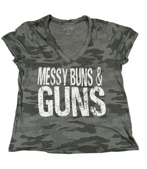 Universal Threads Camo Messy Buns & Guns Women’s V-Neck T-Shirt Size S Cotton Tee thumbnail 1