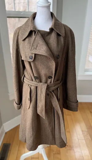 Vintage GAP Tan Wool Herringbone Belted Trench Coat Size Medium thumbnail 1