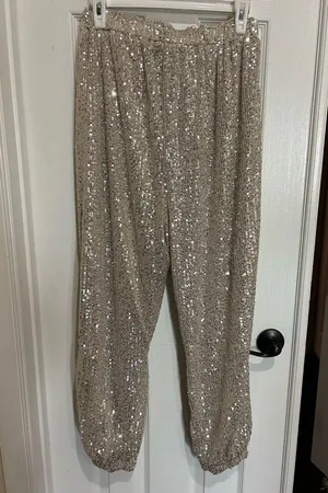 She + Sky Sparkling Sequin Joggers in Beige/Gold Medium thumbnail 4