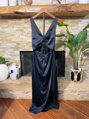 Abercrombie &‎ Fitch Black Satin Cinch-Front Cutout Midi Dress Size XS thumbnail 2