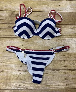 Beach Bunny Navy and White Striped Bikini with Red Trim gold accents size S/M (? thumbnail 1