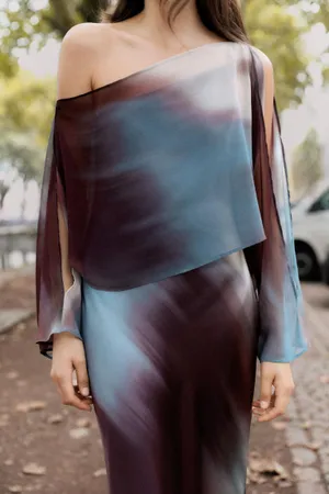 Zara midi dress layered tie dye Multicolor One-Shoulder satin evening wedding thumbnail 13