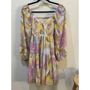Bohme Colorful Floral Tiered Mini Dress Puff Sleeves Size Small Smocked thumbnail 2
