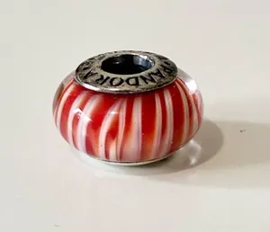 Pandora 925 Sterling Silver Cinnamon Red and White Striped Murano Glass Charm thumbnail 1