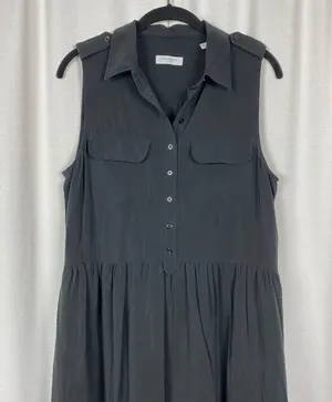 Equipment Femme Black Silk Allix Tiered Button Front Midi Dress Sz.M thumbnail 6