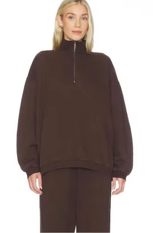 SKIMS Cocoa Brown Oversized Boyfriend Fleece Half-Zip Pullover Sweatshirt thumbnail 1