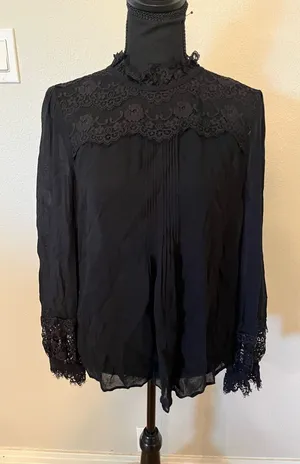 Boden Women’s Black Long Sleeve High Neck Lace Pintucked Blouse Size 8 thumbnail 1