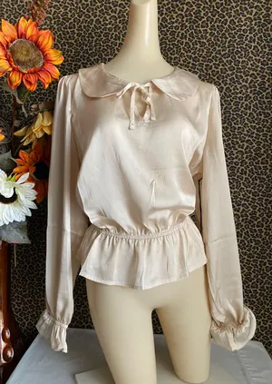 Unique Vintage NWT Champagne Satin Peplum Blouse X-LARGE thumbnail 6