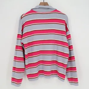 Pink Blue Striped Long Sleeve Knit Polo Sweater V-Neck Collar Size L thumbnail 4
