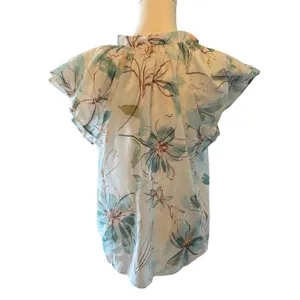 Parker watercolor floral blouse Medium cap sleeve button tie front thumbnail 3