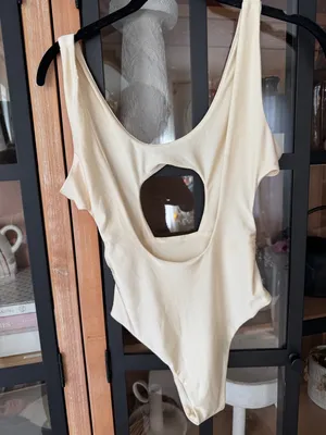 Oh polly bodysuit vneck cutouts seamless scoop open back ivory satin sexy top thumbnail 2