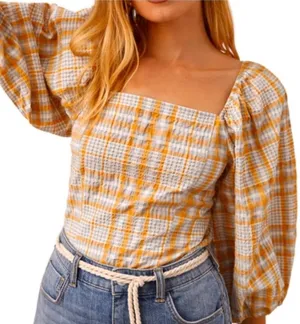 Like New Anthropologie Maeve Square Neck Puff Sleeve Seersucker Plaid Top Medium thumbnail 1