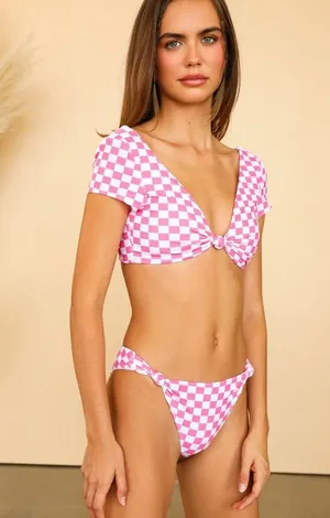 Dippin Daisy’s Pink Gingham Bikini Top with Cap Sleeves thumbnail 1
