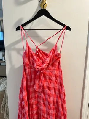 FREE PEOPLE Via Gingham Cotton Seersucker Sundress Red Combo Everly Small NWT thumbnail 5