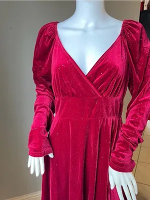 Velvet Wrap-Style Long Sleeve Dress in Deep Wine thumbnail 7