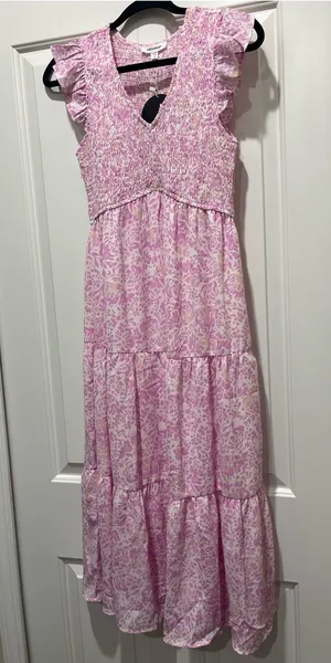mittoshop Pink Floral Smocked Tiered midi-Maxi Dress with Ruffle Sleeves thumbnail 1