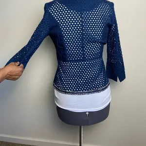 VIRGIN ONLY S Lady Navy Chic Open Eyelet Front Metallic Silver Trim Waist Blazer thumbnail 8