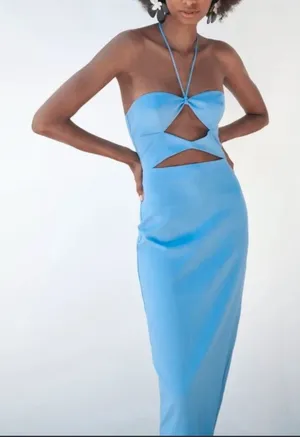 Zara Bright Blue Strapless Cutout Midi Dress thumbnail 1
