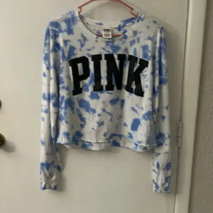 PINK Victoria’s Secret Long Sleeve Tie Dye Crop Top Blue/White L Casual Active thumbnail 3