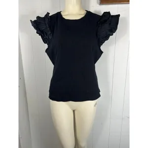 Anthropologie Woven Ruffle Sleeve Top Black Rib Knit Fitted in size XL. NWT. thumbnail 2