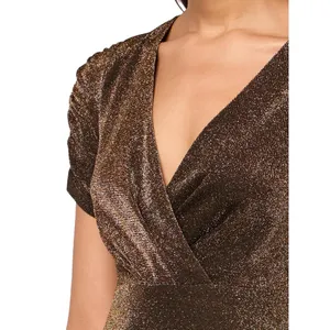NWT Tommy Hilfiger Puff Ruched Sleeve V Neck Dress A4IK118E Bronze / Black 10 thumbnail 3