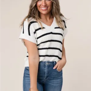 Entro Large Stripe Knit Cap Short Sleeve Sweater Top‎ thumbnail 2