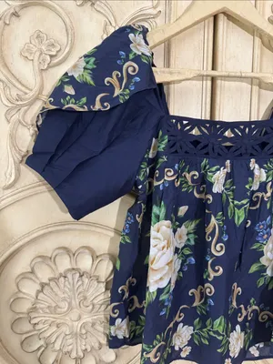 Farm Rio FLOWER TAPESTRY BLUE FLOWERED YOKE BLOUSE Size XSmall thumbnail 5